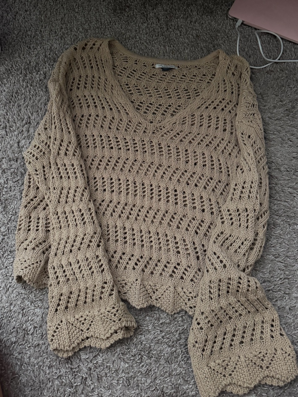 Women's Cream Open-Knit V-Neck Sweater